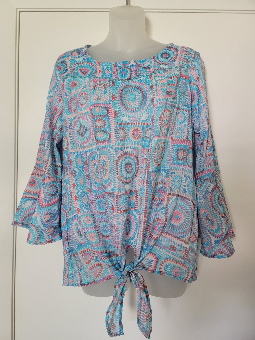 Tie-Front Patterned Blouse with Cute Neckline